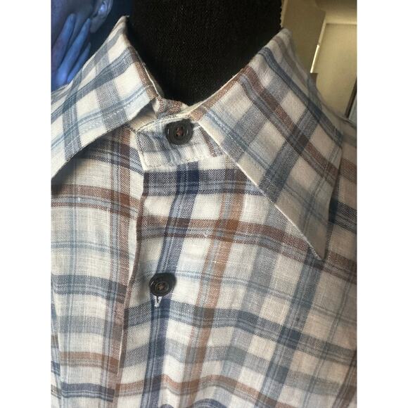 Robert Talbott 100% Linen Plaid Button Up Shirt Blue Brown Long Sleeve Size M - Picture 10 of 10